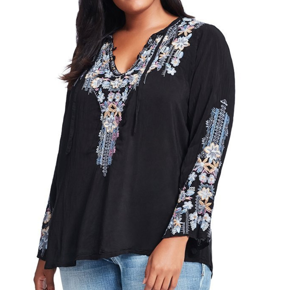 JOHNNY WAS Embroidered Black Tanya Blouse